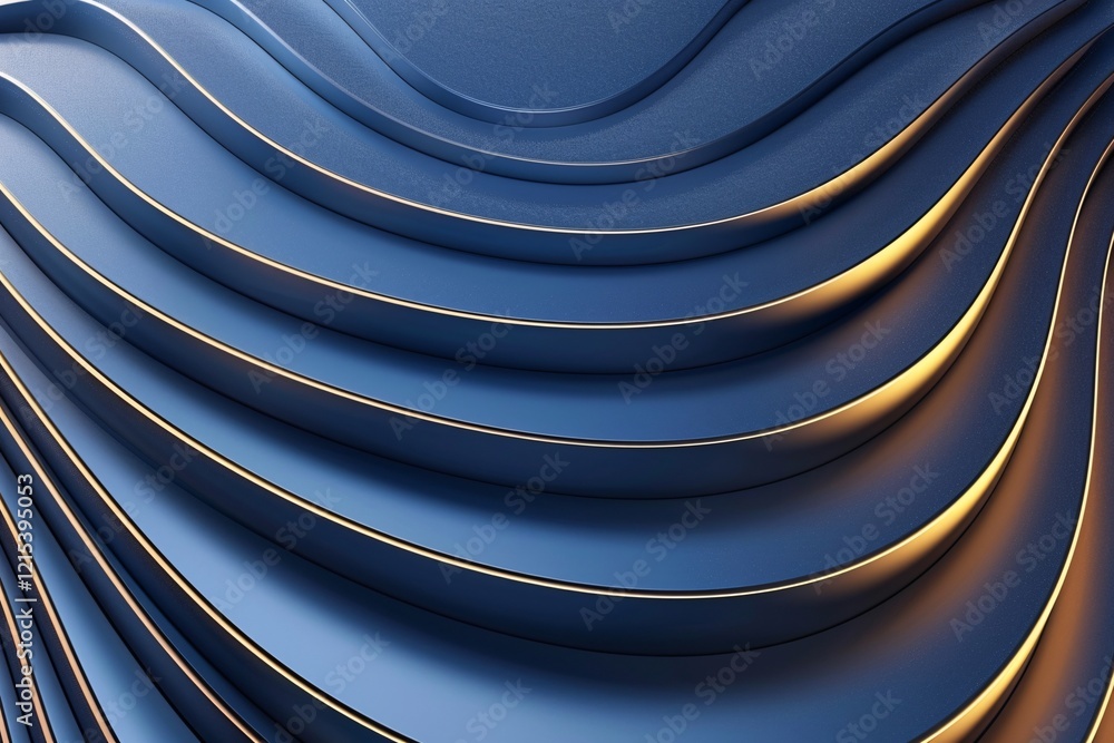 Poster elegant blue wavy shapes with golden edges on abstract background