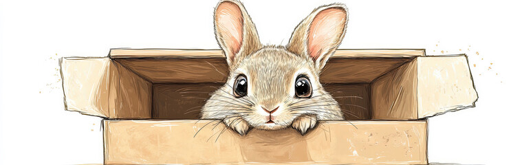 Obraz premium A playful illustration of a Chinchilla Rabbit sitting inside a box, with large, curious eyes and exaggerated whiskers, drawn in a whimsical, child-friendly style