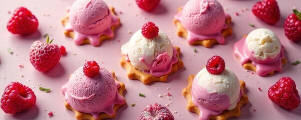 Obraz premium Pattern of melting ice cream on a wafer with raspberries in a vertical composition, melt, dessert pattern
