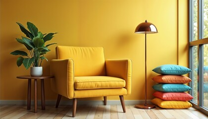 Cozy interior design with yellow armchair, colorful pillows, and plants, spring mood. New home comfort items