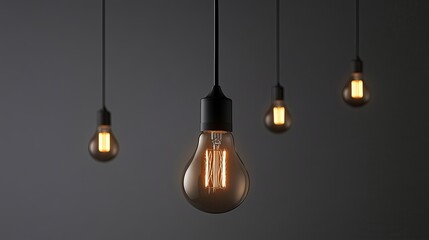 A glowing light bulb hanging in the middle of dimmed bulbs on a grey background.
