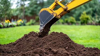An excavator is working diligently, digging into the freshly turned soil of a residential garden on a bright, sunny day, surrounded by a lush green landscape filled with vibrant vegetation