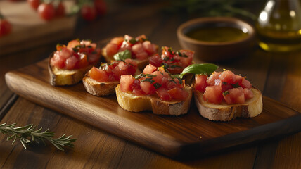 フレッシュなブルスケッタが木製プレートを彩るイタリアン料理のシーン