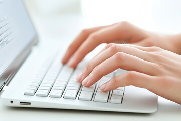 Hands typing on a laptop keyboard in a bright workspace during the morning hours