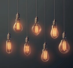 A glowing light bulb hanging in the middle of dimmed bulbs on a grey background.