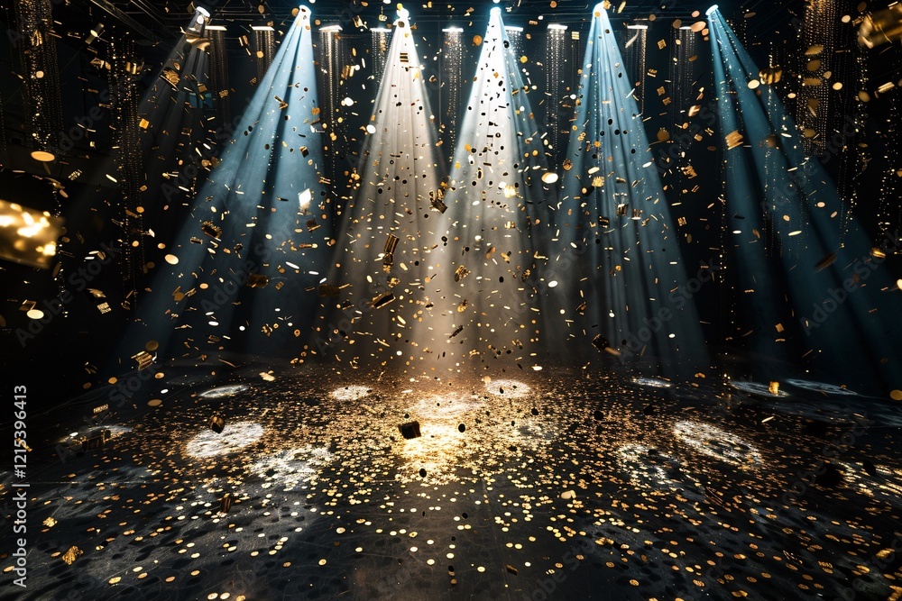 Poster Spotlights illuminate an empty stage with golden confetti falling