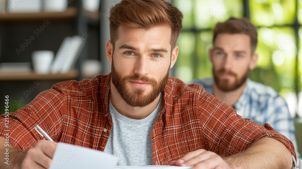 Poster focused man writing in notebook with colleague in background