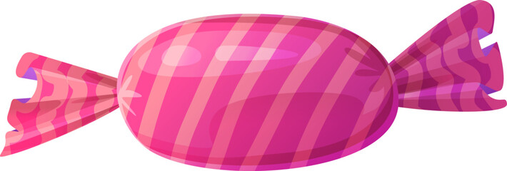 Pink striped candy wrapped in cellophane. Colorful cartoon-style illustration isolated on white background. Sweet confectionery design element for prints and banners