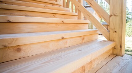 Close up of wooden staircase steps outdoors with natural finish and railings