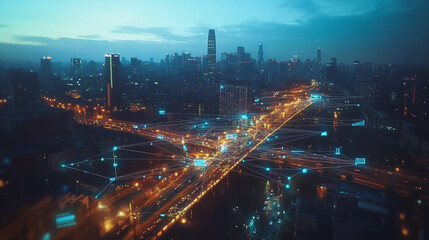 Obraz premium Smart digital Innovation city with connection network reciprocity over the twilight cityscape. of future smart wireless digital city and social media networking systems that connects people with city 