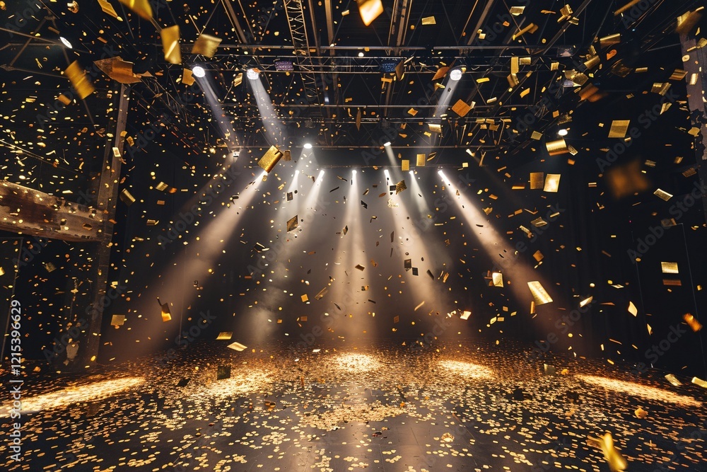 Poster spotlights shining on an empty stage with golden confetti cascading down