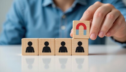 Customer retention concept. Inbound marketing strategy. Attracting potential customers. Hand puts wooden cubes with magnet attracts customer icons on beautiful grey background and copy space. Loyalty