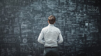 A person in a white shirt stands with hands on hips, deeply focused on a chalkboard filled with diagrams and mathematical equations in a bright, academic setting.