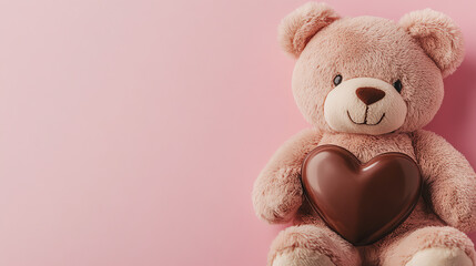 Teddy Bear with Heart Chocolate on Pink Background