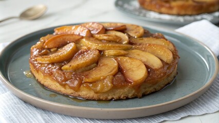 Freshly baked apple tart tatin on a gray plate, autumnal, soft light, arrangement, warm glow, composition