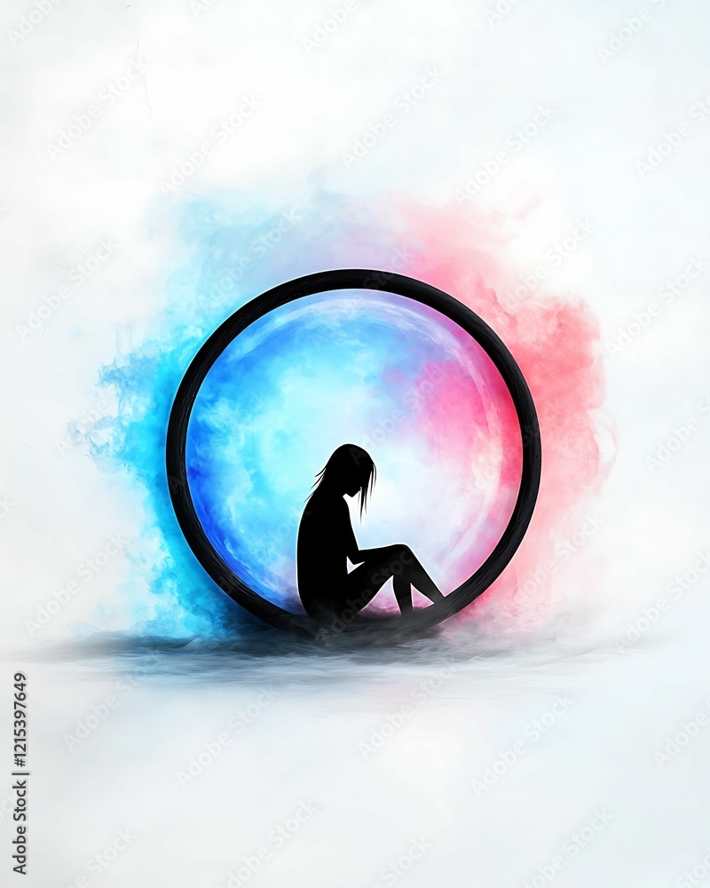 Poster a silhouette of a person sits within a colorful circular backdrop, symbolizing introspection and emo