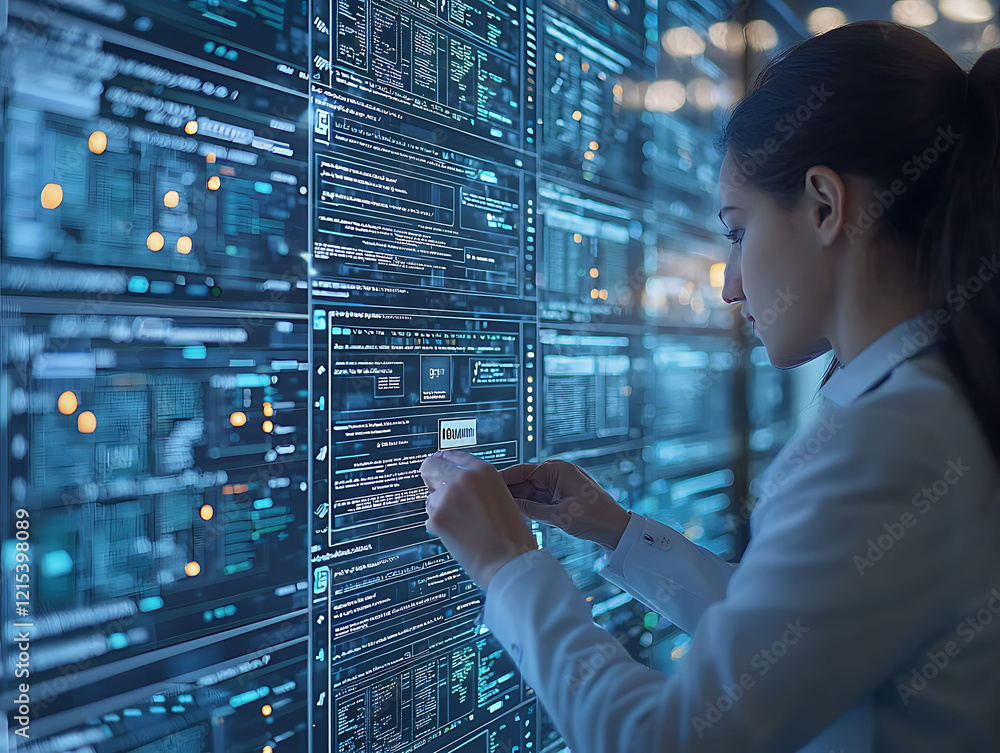 Poster a woman interacts with a large, futuristic digital display filled with lines of code and data stream
