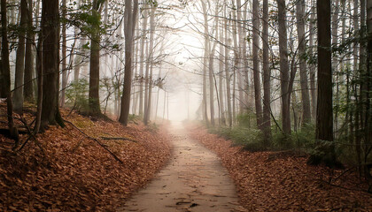 Fototapeta premium Serene forest path shrouded in mist. A tranquil autumn scene with fallen leaves lining a dirt road disappearing into the fog. Perfect for travel, nature, and tranquility themes.