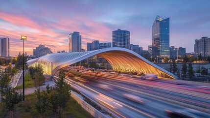 Fototapeta premium Modern Bridge at Sunset Over City Skyline