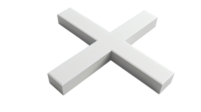 White cross icon in 3D render style isolated on a white background