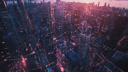 Fototapeta premium Smart digital Innovation city with connection network reciprocity over the twilight cityscape. of future smart wireless digital city and social media networking systems that connects people with city 