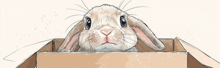 A playful illustration of a English Lop rabbit sitting inside a box, with large, curious eyes and exaggerated whiskers, drawn in a whimsical, child-friendly style
