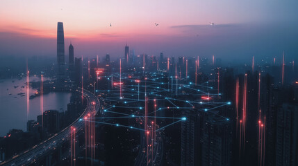 Fototapeta premium Smart digital Innovation city with connection network reciprocity over the twilight cityscape. of future smart wireless digital city and social media networking systems that connects people with city 