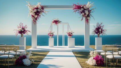 Fototapeta premium Elegant wedding altar with pink and white florals by the ocean