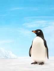 Naklejka premium Antarctic Penguin on Ice - A single penguin stands on a snowy landscape against a bright blue sky, a small iceberg visible in the background.