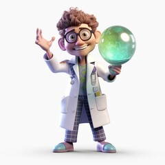 Funny cartoon scientist holding a glowing green orb with excitement  

