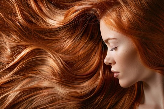 Profile of a peaceful woman with long wavy red hair and closed eyes