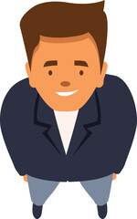 Businessman standing and smiling happily, seen from an aerial perspective