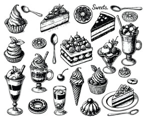 Set of hand drawn desserts and cakes in vintage engraved style. Vector illustration in sketch style, cupcakes, ice cream, cake, pie, macaroon, illustration in sketch style and sweets. Coffee icons set