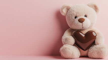 Obraz premium Teddy Bear with Heart Chocolate on Pink Background