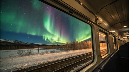 Naklejka premium Coupe in train window captures stunning view of aurora borealis dancing across sky, natural, motion, sky, aurora