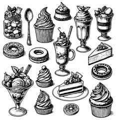 Set of hand drawn desserts and cakes in vintage engraved style. Vector illustration in sketch style, cupcakes, ice cream, cake, pie, macaroon, illustration in sketch style and sweets. Coffee icons set