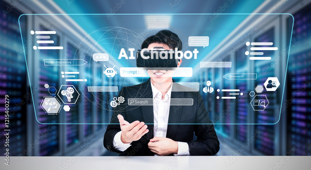 Poster business man with goggles working while using ai technology. project manager with formal suit checki