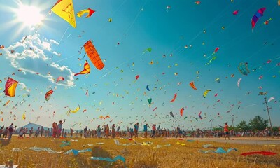 Children flying kites at the park for National Kite Flying Day, August 15th, colorful kites, clear blue sky, joyful play