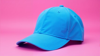 Fototapeta premium Bright blue cap resting on a vibrant pink background in a playful arrangement