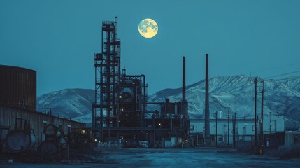 Obraz premium Under a radiant full moon, a quiet industrial landscape unfolds against a backdrop of snow-capped mountains.