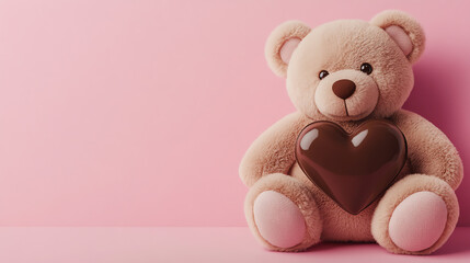 Teddy Bear with Heart Chocolate on Pink Background