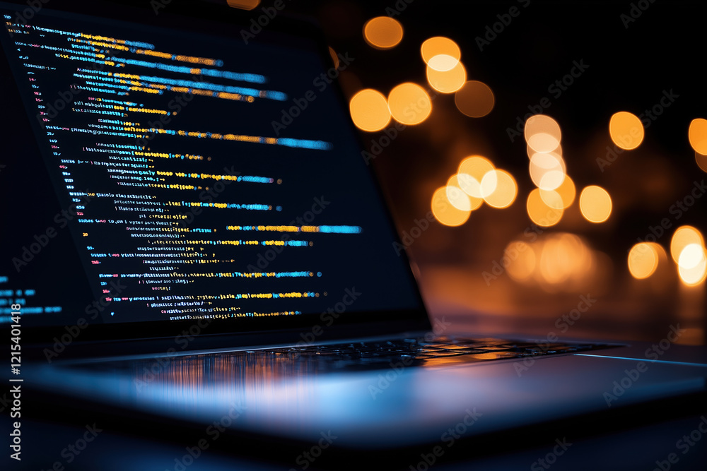 Poster creative coding at night with illuminated screen and warm background lights