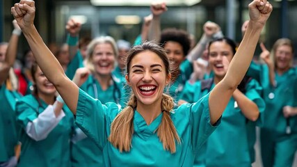 Healthcare workers in teal scrubs celebrate their achievements with joyful expressions and raised fists outside a hospital. Their camaraderie shines as they express pride and joy in their work.