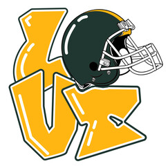 love - gold and green football player helmet, sport vector graphics, hockey, for street art - graffiti lettering typography - art illustration - multicolor -