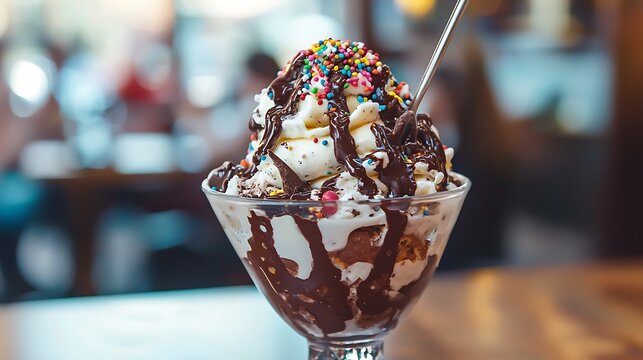 Delicious ice cream sundae topped with chocolate fudge and sprinkles