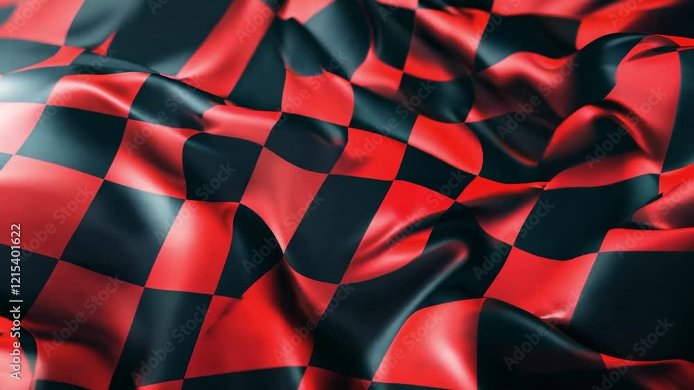 Poster red and black checkered fabric swirls and undulates in rich detail and smooth texture, creating abst