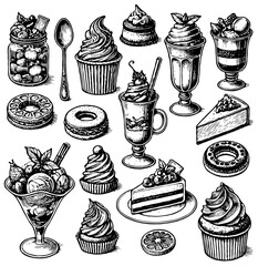 Set of hand drawn desserts and cakes in vintage engraved. Vector illustration in sketch style, cupcakes, ice cream, cake, pie, macaroon, in Illustration of a menu. Coffee, sweets icons