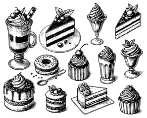Set of hand drawn desserts and cakes in vintage engraved. Vector illustration in sketch style, cupcakes, ice cream, cake, pie, macaroon, in Illustration of a menu. Coffee, sweets icons