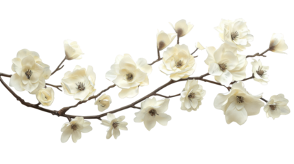 White flower branch with delicate blooms and a natural curve isolated on a white background