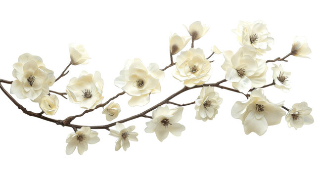White flower branch with delicate blooms and a natural curve isolated on a white background